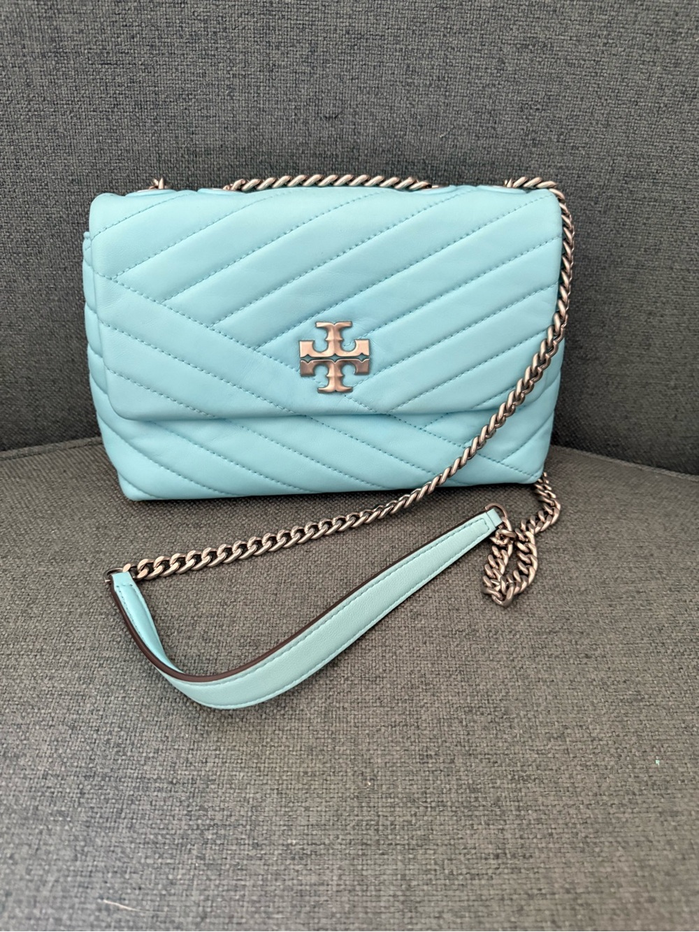 Tory Burch small Kira Quilted Leather Crossbody Bag in Light Blue